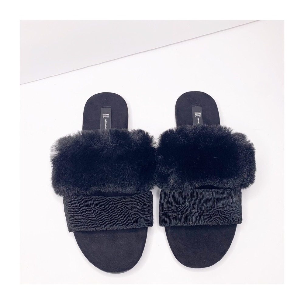 NEW INC Black Double Band Faux Fur Slides Small 5-6 Cozy Chic House Slippers - Picture 4 of 8